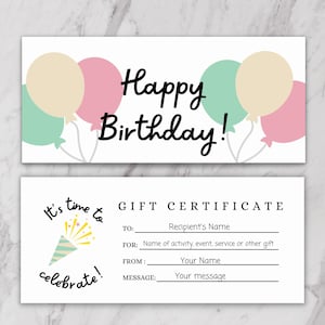Plantilla de certificado de regalo de cumpleaños, cupones de cumpleaños, regalo de cumpleaños de último momento, regalo de cumpleaños personalizable e imprimible, vale de regalo editable