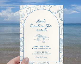 Last Toast on the Coast Invitation, Coastal Bachelorette Weekend Itinerary, Editable Beach Bach Party Invite, Hand Drawn Seashell Template