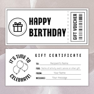 Plantilla editable de vale de cumpleaños en blanco y negro, certificado de regalo moderno imprimible, cupón de regalo personalizable, diseño de descarga instantánea