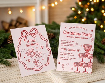 Tini Bit Merry Christmas-uitnodiging voor feest, coquette vakantie cocktailparty uitnodiging, roze en rode Friendsmas Evite, bewerkbare canva-sjabloon