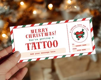 Presentkort för jultatuering, redigerbar presentkupong för tatuering, presentkort för julupplevelse, utskrivbart presentkort för tatuering (Canva-mall)