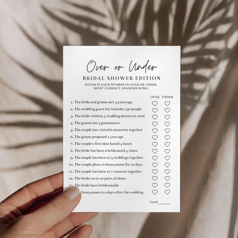 Over or Under Bridal Shower Game, Chic Bridal Party Game, Printable ...