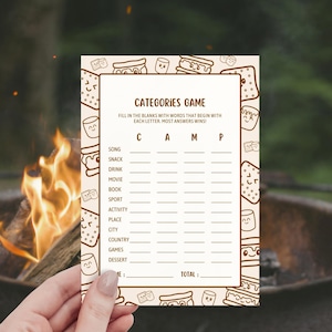 Smores Party Game, Editable Camping Categories Game, Campfire Baby Shower Template, Smore Themed Birthday Party, Backyard Bonfire Activity