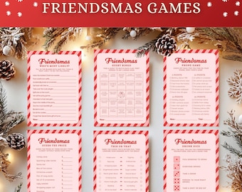 May include: A collection of six Friendsmas game cards with a red and white striped border. The games include "Who's Most Likely?", "Guest Bingo", "Phone Game", "Guess the Price", "This or That", and "Drunk Dice". The text "12 Editable Friendsmas Games" is at the top.