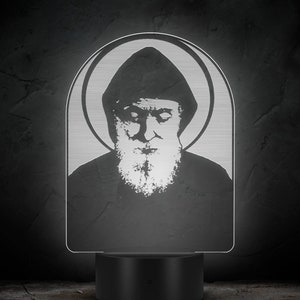 St Charbel laser-etched acrylic icon lamp visualization creative Saint Sharbel Maronite Lebanese Monk Catholic Church