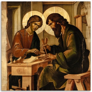 Our Lord Jesus Christ and St Joseph Working Brushed Aluminum Icon tektōn (τέκτων) carpenter, woodworker, or builder