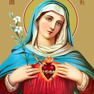 May include: A religious icon depicting the Virgin Mary with a blue robe and a red dress. She is holding her heart, which is pierced with a sword and surrounded by thorns. The background is a gold color.