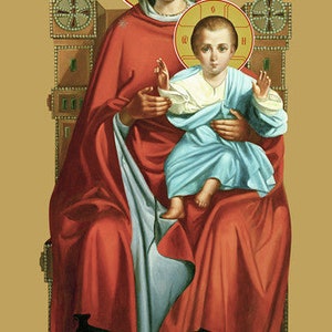 May include: An icon depicting the Virgin Mary holding the Christ Child. Mary wears a red robe and a white head covering, with a gold halo. The Christ Child is in a blue robe, also with a gold halo. The icon is set against a gold background.