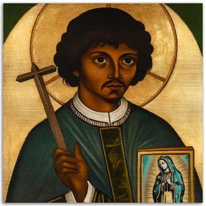 St Juan Diego Brushed Aluminum Icon Eastern Oriental Mexican Saint with Our Lady of Guadalupe