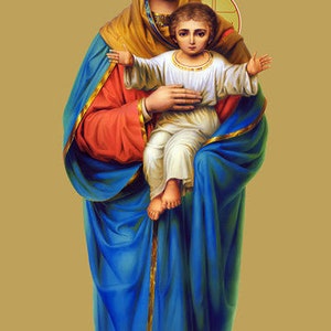 May include: A religious icon depicting the Virgin Mary holding a baby Jesus. Mary is wearing a blue robe with gold trim and a red undergarment. Jesus is wearing a white robe. The background is a gold color with the text "Благодатное небо" in Cyrillic.