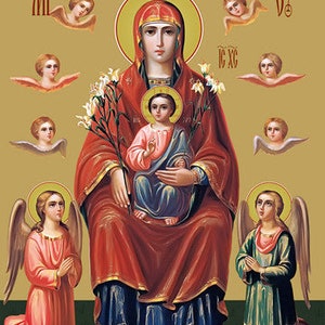 May include: An icon depicting the Virgin Mary holding a baby Jesus. The Virgin Mary is wearing a red robe with gold trim and a blue undergarment. The baby Jesus is wearing a blue robe with gold trim. The icon is surrounded by a gold background with angels in the corners. The text "Церковь Пресе Еди Синичница (Аниногорска)" is written at the top of the icon.
