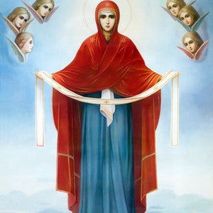 May include: A religious icon depicting the Virgin Mary in a red robe and blue dress, holding a white scroll. The icon is surrounded by a blue sky with clouds and angels.