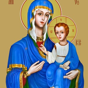 May include: An icon depicting the Virgin Mary holding a baby Jesus. Mary is wearing a blue robe with gold trim and a blue and gold crown. Jesus is wearing a white robe with a gold sash. The icon is painted in a traditional style with a gold background.