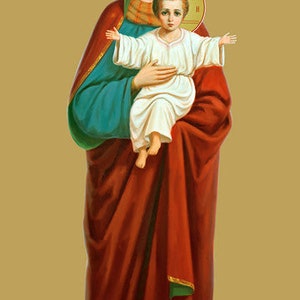 May include: A religious icon depicting the Virgin Mary holding the baby Jesus. Mary is wearing a red robe with a blue undergarment and a gold halo. Jesus is wearing a white robe and has a gold halo. The background is a gold color with Greek text.