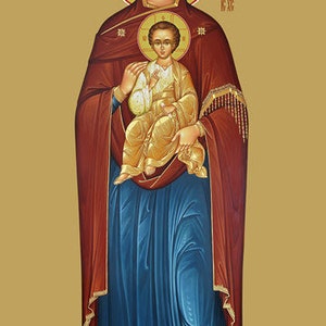 May include: A religious icon depicting the Virgin Mary holding the baby Jesus. Mary is wearing a red robe with gold trim and a blue undergarment. Jesus is wearing a gold robe. The icon is painted in a traditional style with gold accents.