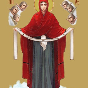 May include: A religious icon depicting a woman in a red robe and a white veil, holding a white scroll. The woman is surrounded by angels with wings. The text "Царица небесная" is written at the top of the icon.