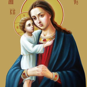May include: A religious icon painting depicting the Virgin Mary holding the baby Jesus. Mary is wearing a blue robe with a gold crown and a red sash. Jesus is wearing a white robe. The background is a gold color.