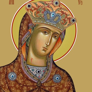 May include: An icon of the Virgin Mary, depicted in a traditional Byzantine style. She wears a gold crown and a richly patterned robe. The background is a warm gold color.
