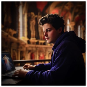 May include: A young person wearing a blue hoodie sits in front of a laptop computer. The person is looking at the screen and typing on the keyboard. The background is a blurry image of a church interior.