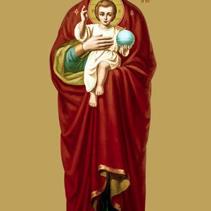 May include: An icon depicting the Virgin Mary holding a baby Jesus. Mary is wearing a red robe with gold trim and a blue undergarment. Jesus is holding a globe. The icon has a gold background with Cyrillic text.