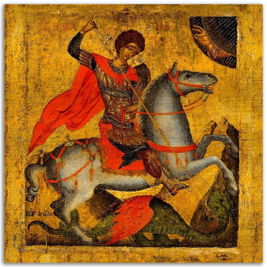 San Jorge a caballo, matando al dragón - Icono de aluminio cepillado ...