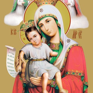 May include: A religious icon depicting the Virgin Mary holding a baby Jesus. The icon is painted in a traditional style with gold accents and features the text "IC XC" and "MP OY".