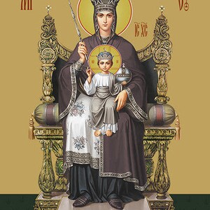 May include: An icon of the Virgin Mary and Child Jesus. The Virgin Mary is seated on a throne with a golden crown and a blue robe. She is holding the Christ Child, who is wearing a white robe and a golden crown. The icon is painted in a traditional style with gold leaf and vibrant colors.