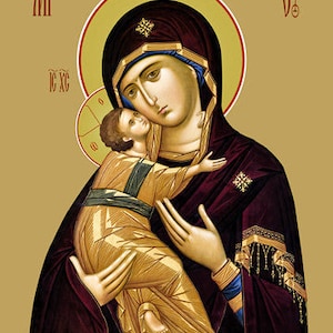 May include: An icon depicting the Virgin Mary holding the baby Jesus. The icon is painted in a traditional style with gold accents and a dark background. The text "MP OY" is written in the top corners of the icon.
