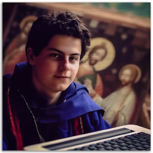 May include: A young person wearing a blue hooded robe with a red trim, looking at the camera. The person is sitting in front of a laptop computer with a black keyboard. The background is a painting of religious figures.