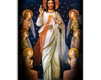 May include: A painting of Jesus Christ, King of Mercy, with a red and white heart radiating light. He is surrounded by angels with wings and halos. The text "I trust in thee!" is at the bottom of the painting.