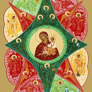 May include: A colorful religious icon depicting the Virgin Mary holding the baby Jesus. The icon is surrounded by a starburst of angels with golden halos. The background is a light gold color.