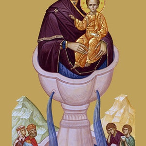 May include: An icon depicting the Virgin Mary holding the baby Jesus. The icon is painted in a traditional style with gold accents. The Virgin Mary is wearing a blue robe and a red cloak. The baby Jesus is wearing a yellow robe. The icon is set against a gold background. The text "Source of Life" is written in Russian at the top of the icon.