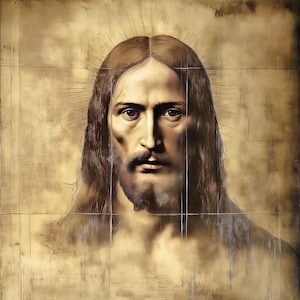 May include: A close-up portrait of Jesus Christ with a long brown beard and hair. The image is painted in shades of brown and gold on a textured background.