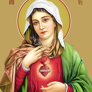 May include: A religious icon depicting the Virgin Mary with a flaming heart in her chest. The heart is surrounded by thorns and is red with a golden halo. Mary is wearing a green and brown robe with a white head covering. The background is a light gold color.