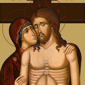 May include: A religious icon depicting a scene of the Lamentation of Christ. A woman in a red robe with a blue head covering is embracing a man with a beard and long hair. The man is depicted with wounds on his chest and arms. The icon is painted in a traditional style with vibrant colors and intricate details. The text on the icon reads "Пре святы" and "IC XC".