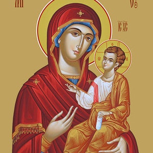 May include: An icon depicting the Virgin Mary holding the baby Jesus. Mary is wearing a red robe with gold trim and a blue veil. Jesus is wearing a yellow robe with gold trim. The icon is painted in a traditional Byzantine style.
