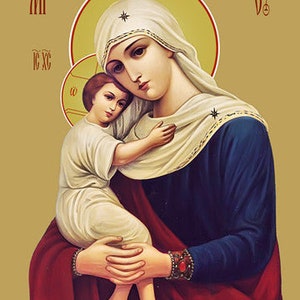 May include: An icon depicting the Virgin Mary holding the baby Jesus. Mary is wearing a blue robe with a red shawl and a white head covering. Jesus is wearing a white robe. The icon is painted on a gold background with the words "MP OY" and "IC XC" in the corners.
