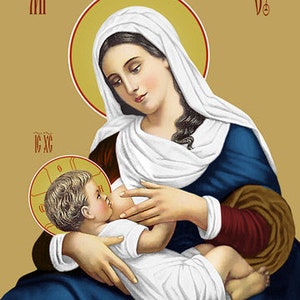 May include: A religious icon depicting the Virgin Mary breastfeeding baby Jesus. The icon is painted in a traditional style with gold accents and a blue background. The text "MP OY" is written in the top corners of the icon.