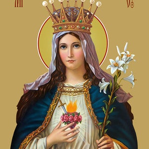 May include: A religious icon depicting the Virgin Mary with a crown of gold and pearls, a blue robe, and a white dress. Her heart is pierced with a sword and surrounded by red roses. She holds a lily in her right hand. The icon is painted on a gold background.