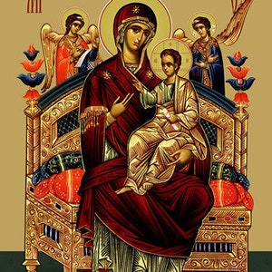 May include: An icon depicting the Virgin Mary holding a baby Jesus. The icon is painted in a traditional style with gold accents and a red background. The text "Царица пред быти вечныя" is written in Cyrillic at the top of the icon.