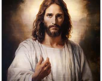 Op de afbeelding: Een schilderij van Jezus Christus met lang bruin haar en een baard. Hij draagt een witte robe en heeft een zachte uitdrukking op zijn gezicht.