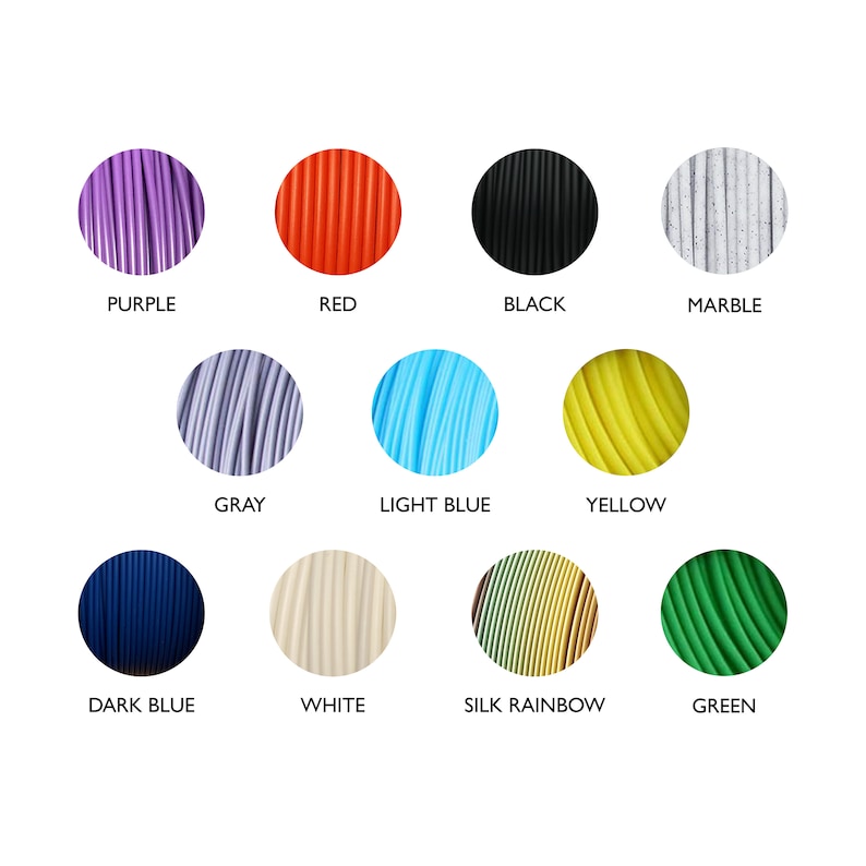 May include: Assortment of 12 colors of filament for 3D printing, including purple, red, black, marble, gray, light blue, yellow, dark blue, white, silk rainbow, and green.