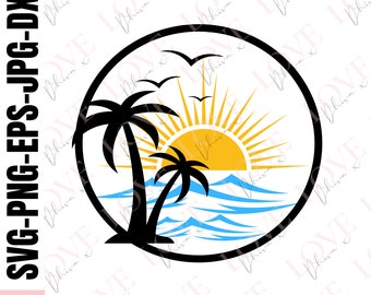 Beach sunset palm trees SVG PNG DXF clipart,cut files for cricut silhouette, summer svg tshirt,instant download,beach ocean vacation svg