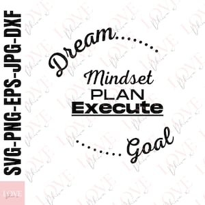 May include: Black and white graphic design with the text "Dream... Mindset Plan Execute... Goal".