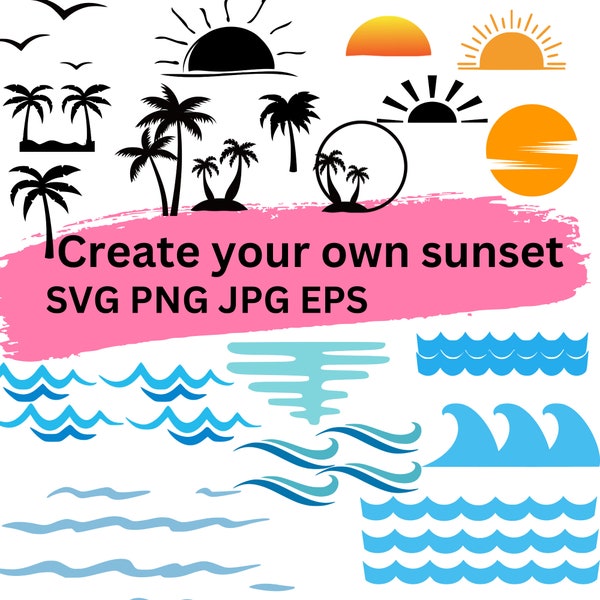 Sunset SVG PNG EPS clipart,Summer svg,Palm Tree waves sunset Svg,Palm Tree Cut Files,Sunset bundle,Palm Tree Clipart,Beach svg,Tropical Svg