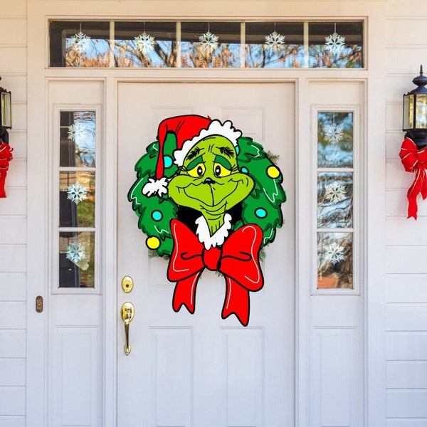 Christmas Scrooge Door Hanger | Green Monster Ornament | Wooden Christmas Wreath Sign | Trendy Green Christmas Decoration