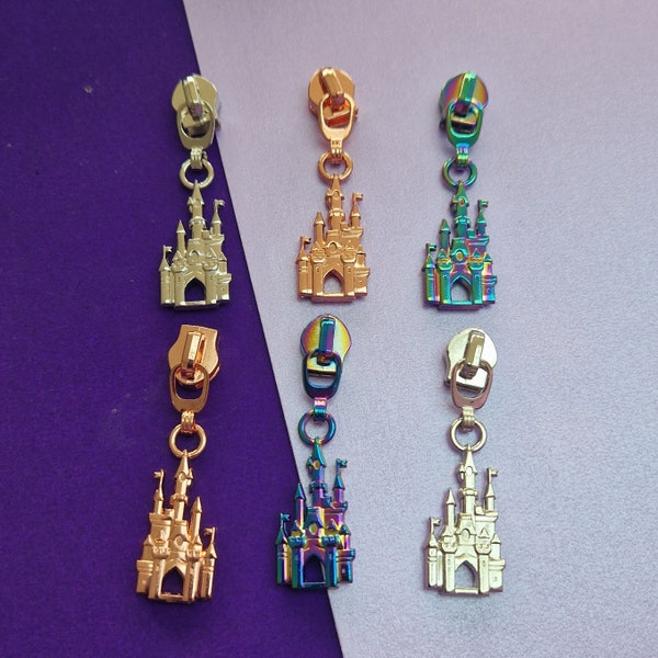 Castle shaped silver, rose gold or rainbow #5 zipper pull