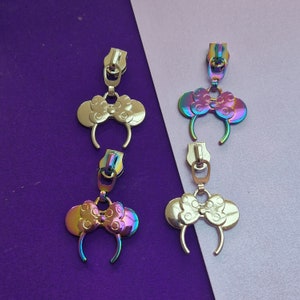 Mouse Ears shaped silver, rainbow #5 zipper pull, roller coaster, Minnie, Mickey Bow