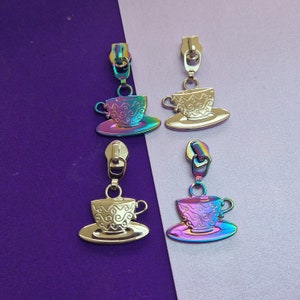 Teacup shaped silver or rainbow #5 zipper pull