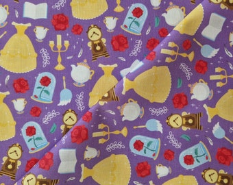May include: Purple fabric with a repeating pattern of yellow dresses, red roses, clocks, teacups, and a rose in a glass dome. The design also includes candlesticks, feather and book illustrations.